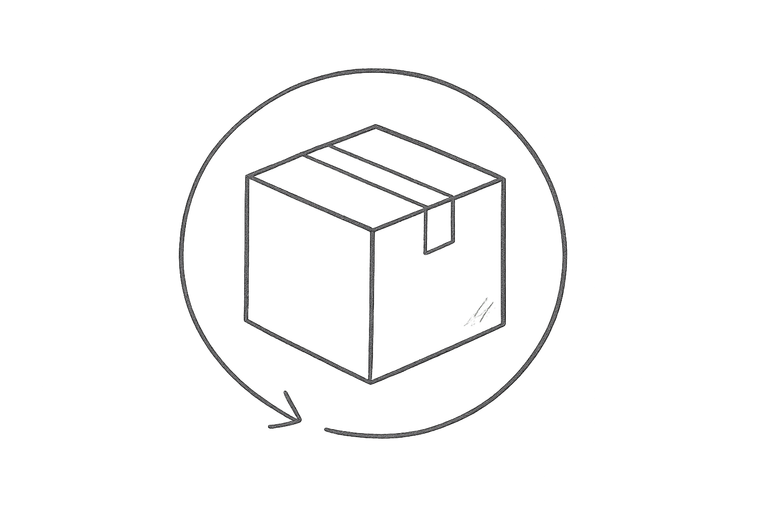 make an sketch image of a cardboard box with an anti clockwise arrow orbiting the box, this also has to be sketched and make it simple and minimalistic, the background should be transparent so i can apply it on top of places